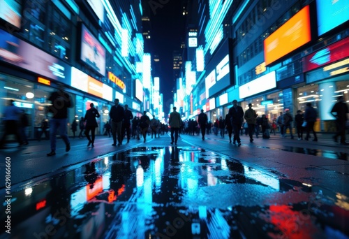 Crowd of people walking on busy city street at night with illuminated billboards and reflections on wet pavement