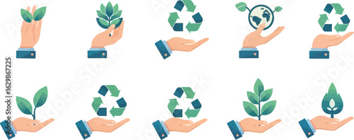 Hands holding eco-friendly icons including recycling symbols, green leaves, and seedlings, representing environmental care, sustainability, and ecological awareness