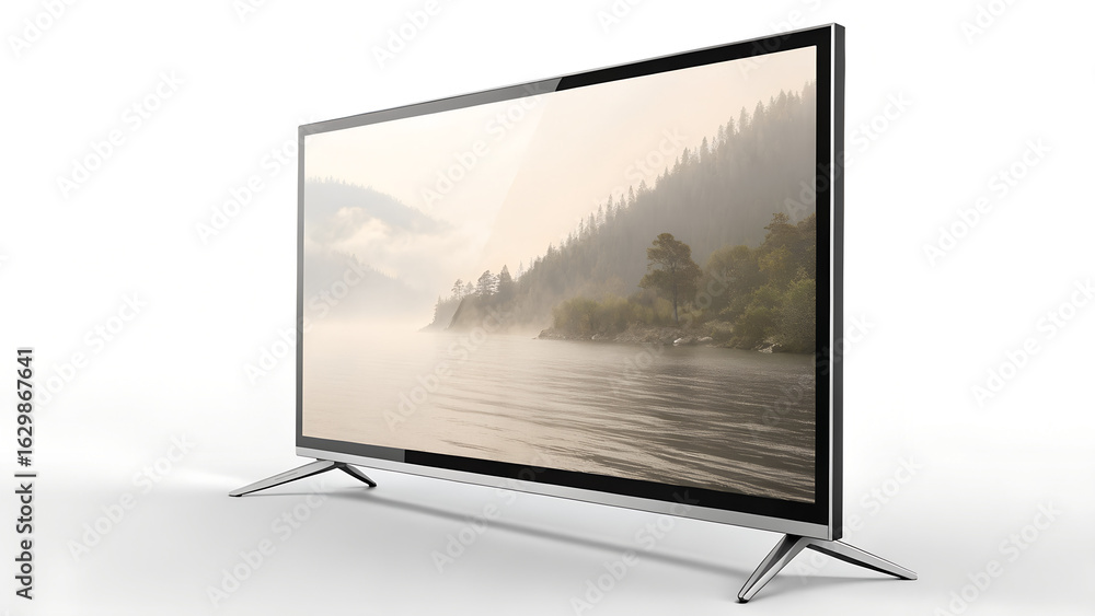 Fototapeta premium A flat screen television displaying a serene lake landscape with misty trees on the screen