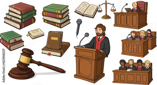 Courtroom essentials: Gavel, judge, jury, law books, and scales of justice.