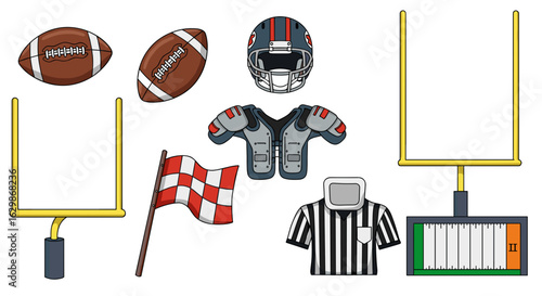 American Football Equipment Collection, Helmet, Balls, Goal Posts, Referee and Gear