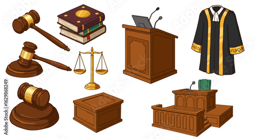 Collection of Justice and Law Elements in Isometric Style Vector Illustration