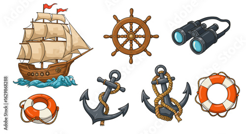 Nautical themed illustration featuring a sailing ship, binoculars, and other maritime elements