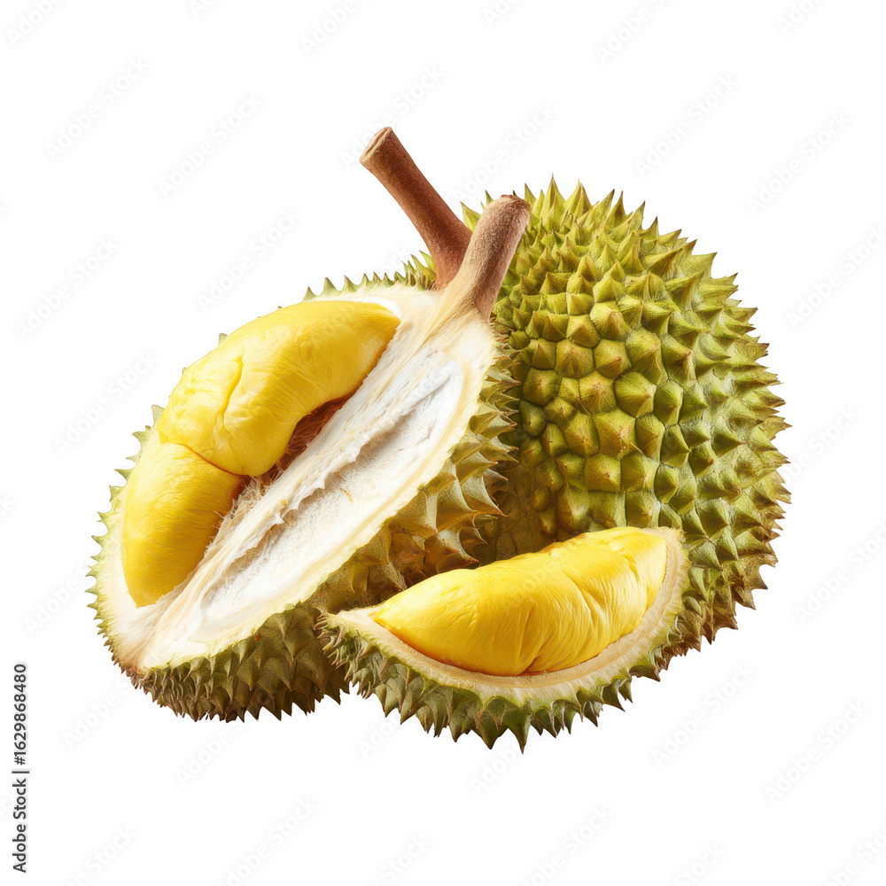 Obraz premium Durian halves, yellow flesh, green husk
