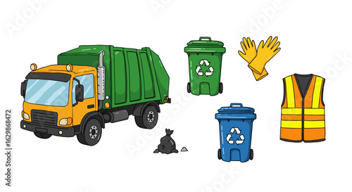 Garbage truck, recycle bins, gloves, vest clip art on white background