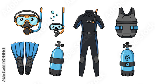Scuba diving equipment cartoon collection with a cute and playful style.
