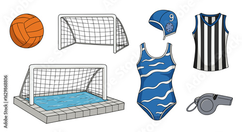 Water Polo Essentials: A Colorful Illustration of Gear and Equipment