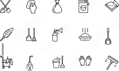 Essential Cleaning Tools Icons – Vacuum, Mop, Spray Bottle, Gloves, Bucket