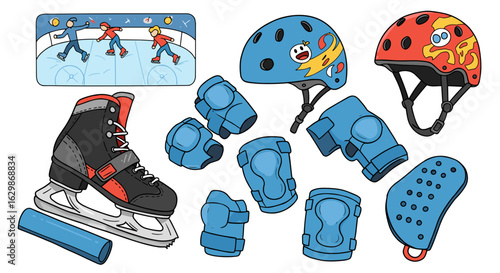 Playful Ice Skating Equipment and Rink Scene Cartoon Illustration