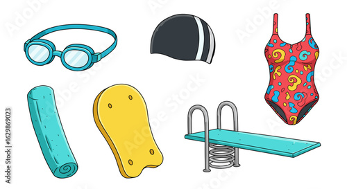 Assorted Swimming Gear and Accessories Set Against a White Background
