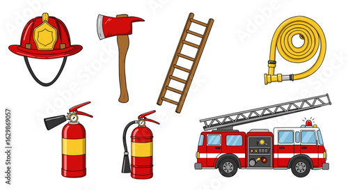 Firefighting Equipment Cartoon: Red Fire Truck, Axe, and Helmet Arrangement