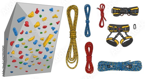 Climbing wall and equipment: ropes, harnesses, colorful holds, isolated on white.