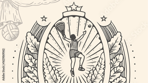 Illustration of a lacrosse player with racket inside an oval frame with leaves and stars above it