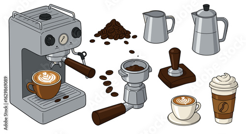 Coffee preparation illustration featuring espresso machine, ground coffee, and various brewing elements