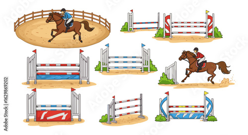Equestrian set depicting horse jumping over colorful obstacles on a course.