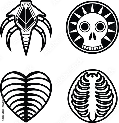 Abstract, anatomy, icon, set, fantasy, creature, vector, black, white, isolated, illustration, design, monster, alien, heart, bone