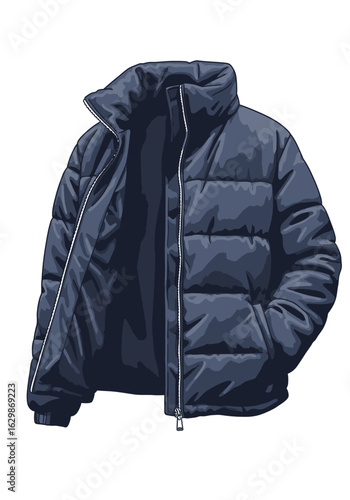 A detailed illustration of a dark blue puffer jacket with a high collar, unzipped on a white background.