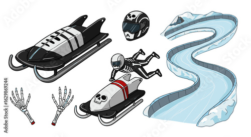 Pixelated Bobsledding Set with Skeleton Rider on Ice Track