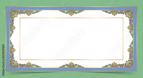 Elegant Gold and Blue Ornate Frame with Intricate Floral Scrollwork Corners.