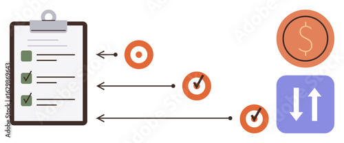 Checklist with completed tasks, flow arrows pointing to targets, dollar symbol, and transfer icon. Ideal for project management, goal setting, workflow, efficiency, planning financial tracking