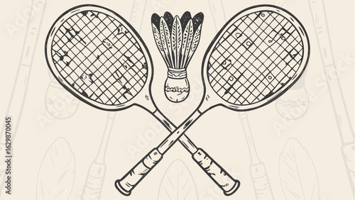 Illustration of crossed badminton rackets with a shuttlecock in the center on a light background
