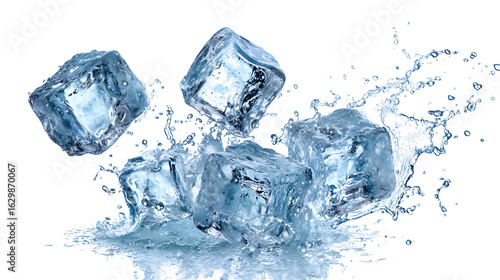 Cold flying ice cubes with splash effect, isolated on white