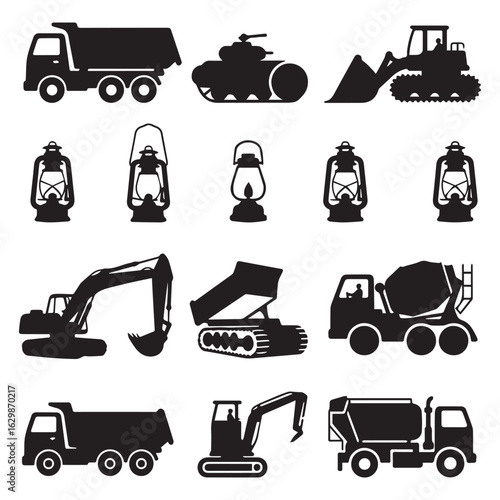 Silhouettes of Vintage Lanterns and Heavy Construction Vehicles in Clean, Organized Grids on White Background. 