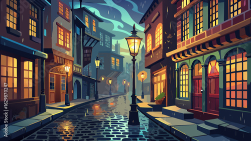 Atmospheric cobblestone street lined with glowing gas lamps on a rainy evening