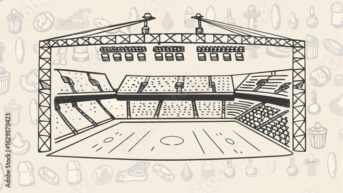 Illustration of a stadium with seating, lights, and a field, drawn in a sketch style on a patterned background