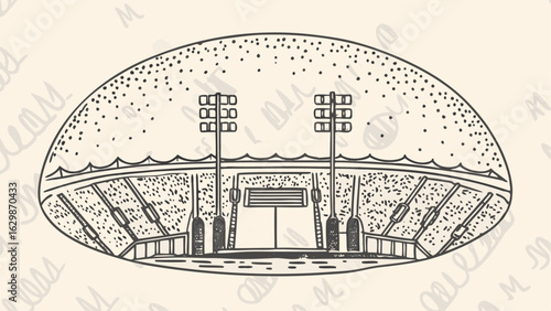 Illustration of an outdoor stadium with lights and seating under a dotted sky in black and white style