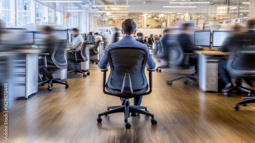 Busy office scene. Person sits alone, surrounded by blurred colleagues