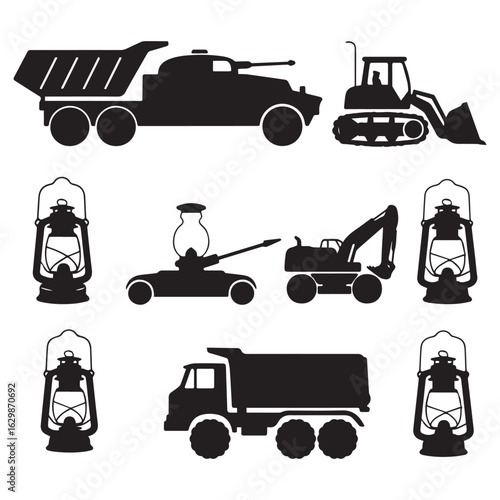Silhouettes of Vintage Lanterns and Heavy Construction Vehicles in Clean, Organized Grids on White Background. 