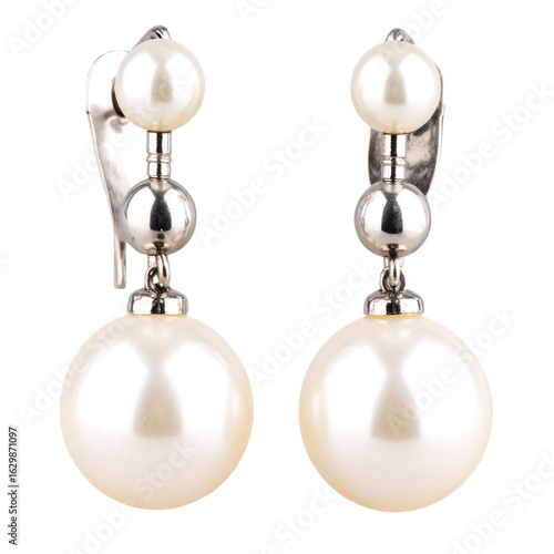 Elegant pearl earrings with silver accents, a timeless jewelry piece for sophisticated style and graceful fashion, perfect for adding a touch of classic beauty on transparent background
