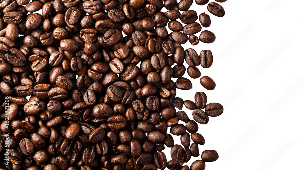 Naklejka premium Top view of roasted coffee beans scattered on white background