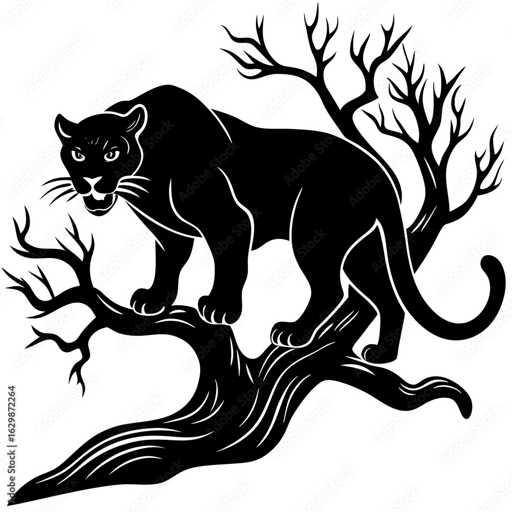Obraz premium Black panther standing on a branch of a tree in silhouette style