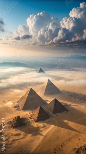 Majestic aerial view of the great pyramids of giza surrounded by desert and clouds