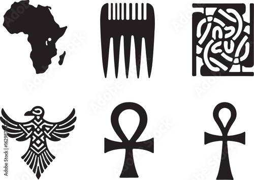 African cultural symbols map comb bird ankh iconic design elements