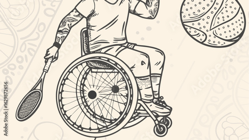 Line drawing of a tattooed man in a wheelchair playing tennis with a floating basketball nearby