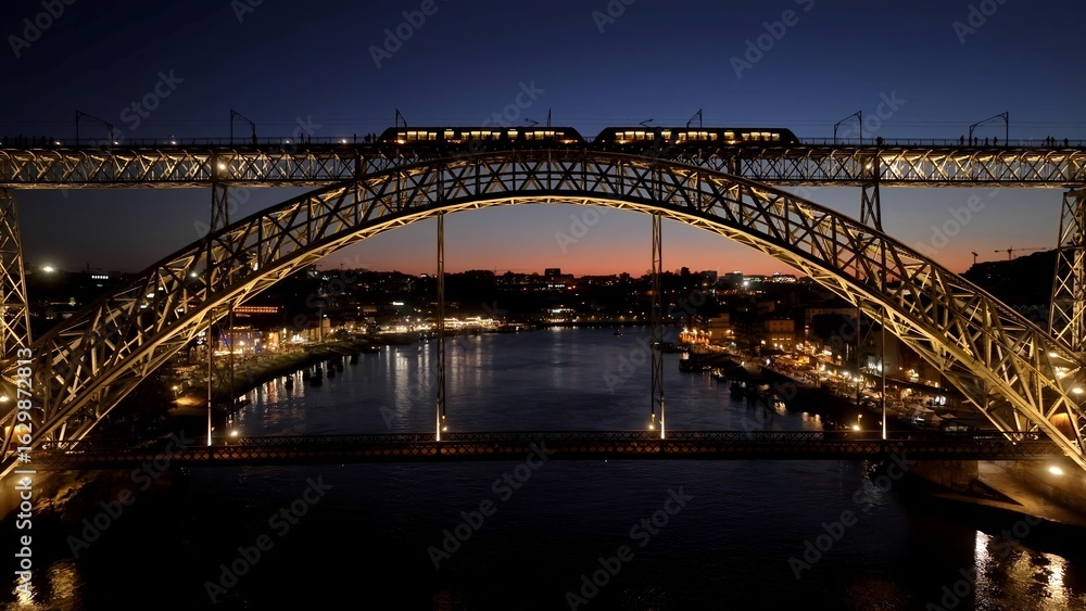 Fototapeta premium Luis I Bridge In Porto Portugal. Traffic Is Moving Across A Modern Cable-Stayed Bridge. Sunset Clouds Sky Downtown Cityscape. Sunset Outdoors Downtown . Porto Portugal.