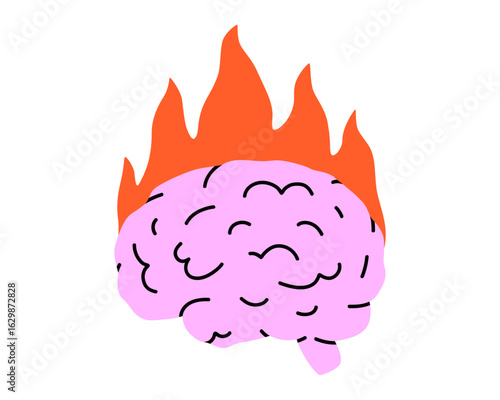 Hand drawn cute illustration of brain on fire. Flat vector mental health or wellness concept doodle. Human anatomy organ sticker, icon. Deadline, limited in time, burnout. Isolated.