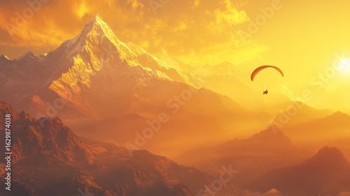 Paraglider over majestic, sun-drenched mountains
