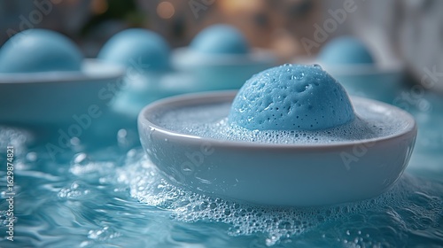 Close-up of a blue bath bomb foaming in a white bowl amidst serene bubbly water