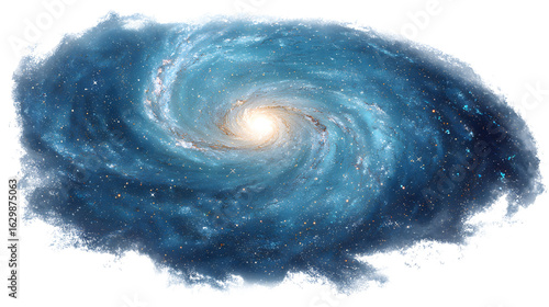 Deep spiral galaxy in blue with glowing center, isolated on white