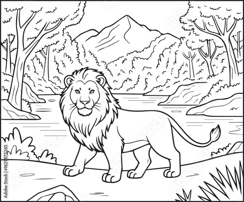 Cute lion walking alone in natural forest and mountain scene coloring page for kids, black line art vector illustration