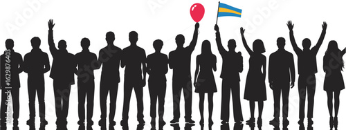Business Team with Arrows in a Crowd, Silhouettes of Professionals in Suits, Symbolizing Success and Teamwork in a Corporate Environment