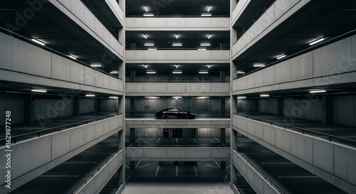Sleek Black Car Parked on Upper Level of Modern Concrete Parking Garage