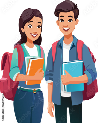 Smiling cartoon-style students with textbooks and backpacks, background with education icons 