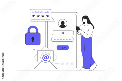 Two step verification concept, OTP, authentication password, one time password for secure website account login, login page on screen. Flat Cartoon Vector Illustration, icon Stylish abstract design 