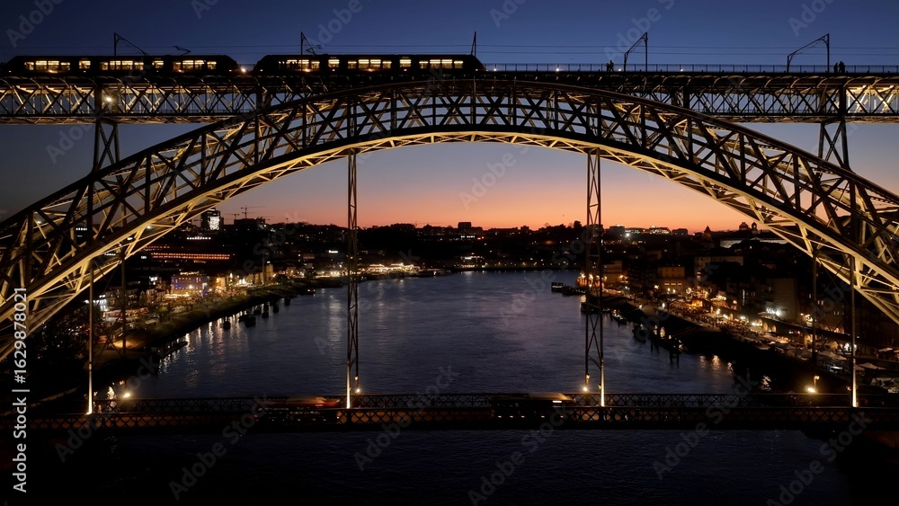 Obraz premium Dom Luis I Bridge In Porto Portugal. Transportation Hub Of Urban Railway Station In The City. Sunset Clouds Sky Downtown Cityscape. Sunset Outdoors Downtown . Porto Portugal.