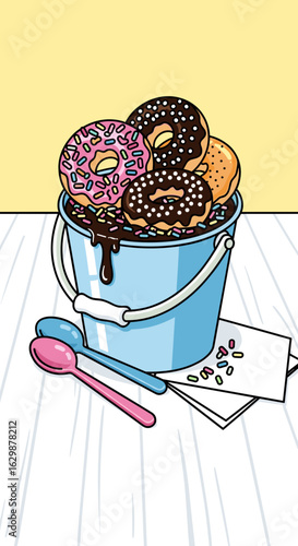 Iced coffee bucket filled with colorful donuts and spoons, a shareable beverage in an oversized drink. Iced coffee bucket concept, trendy and quirky, features a giant cup with foam and toppings.